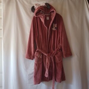 Disney Store Minnie Mouse Robe Plush Velour Pink Hooded With Ears & Bow Size L